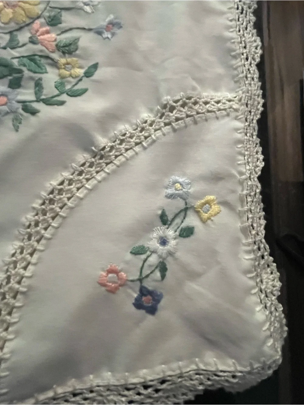 Vintage Hand Embroidered Floral Pillow Cover White Crochet Lace Trim 16x16